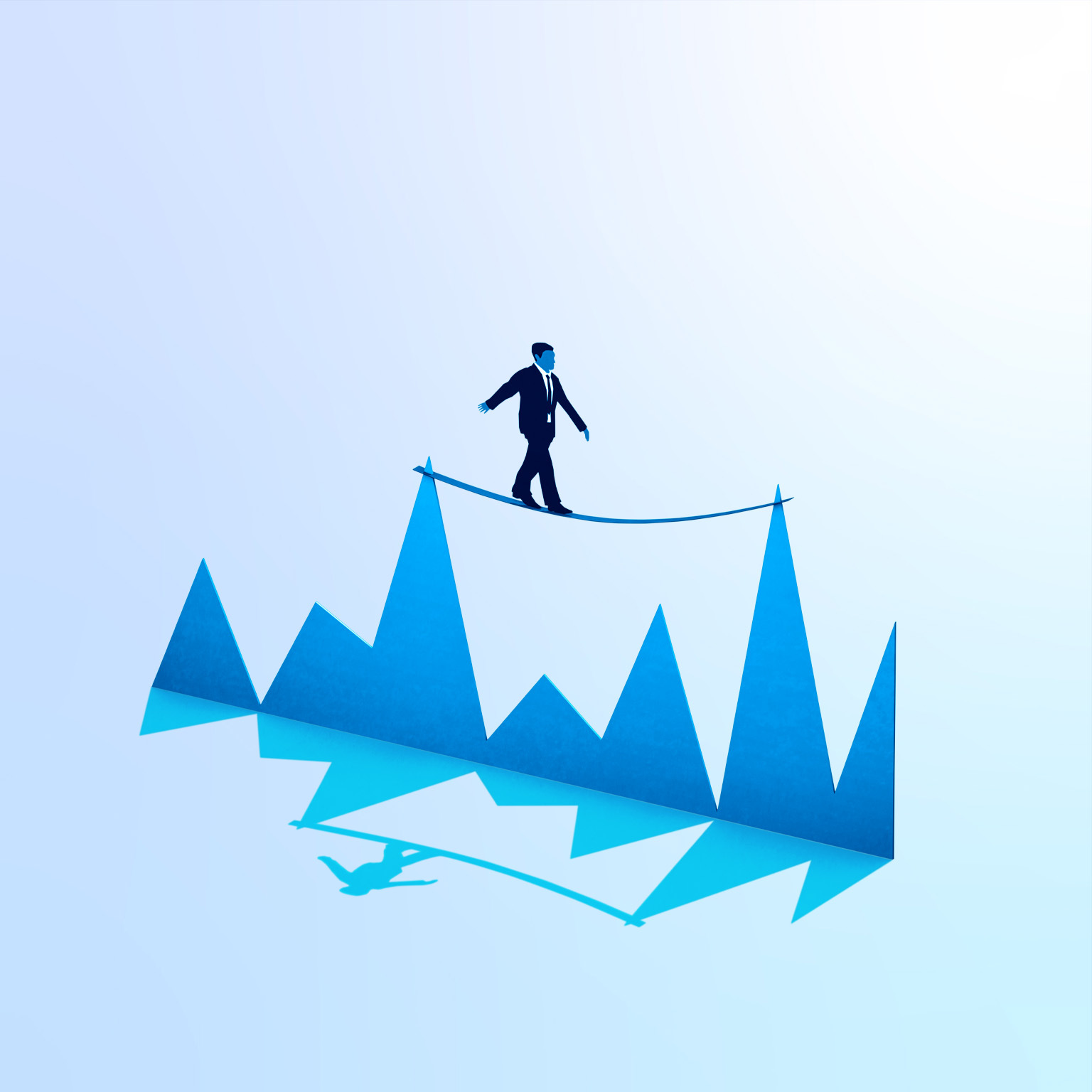 A businessman balancing on a tightrope tied between two peaks of a graph