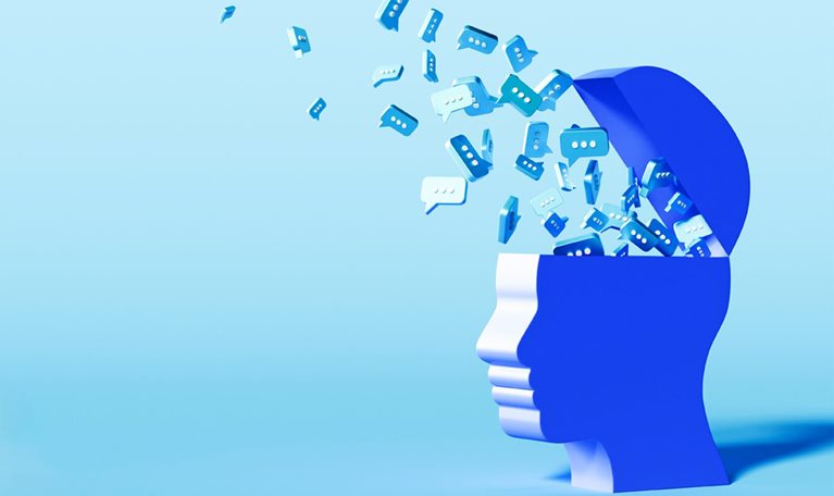 Stylized blue human head with open top, speech bubbles floating out against a light background.
