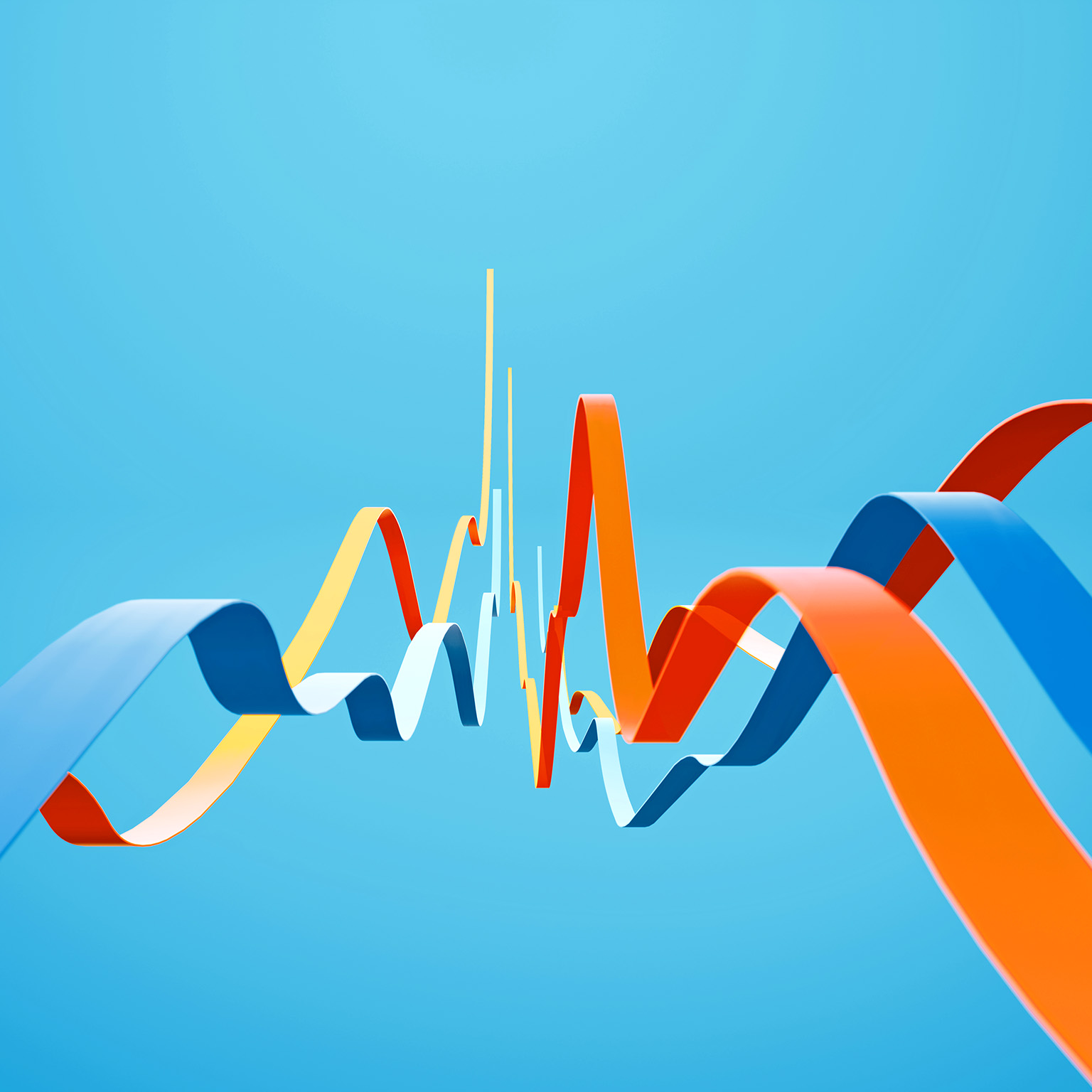 Colorful ribbons flow forward over a cyan background from a dynamic, low-angle perspective.