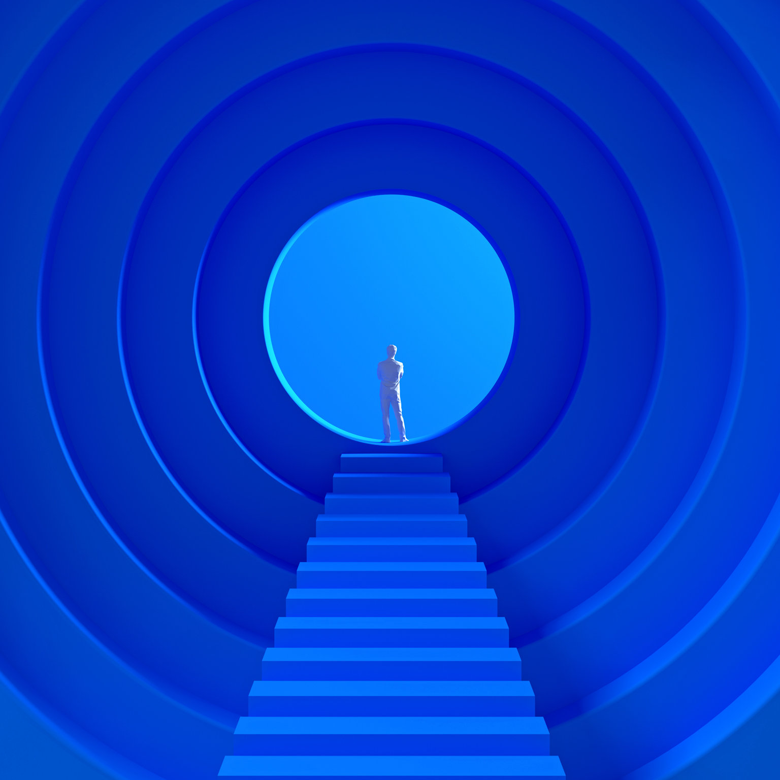 A 3D illustration of a small human figure standing at the top of a long set of stairs