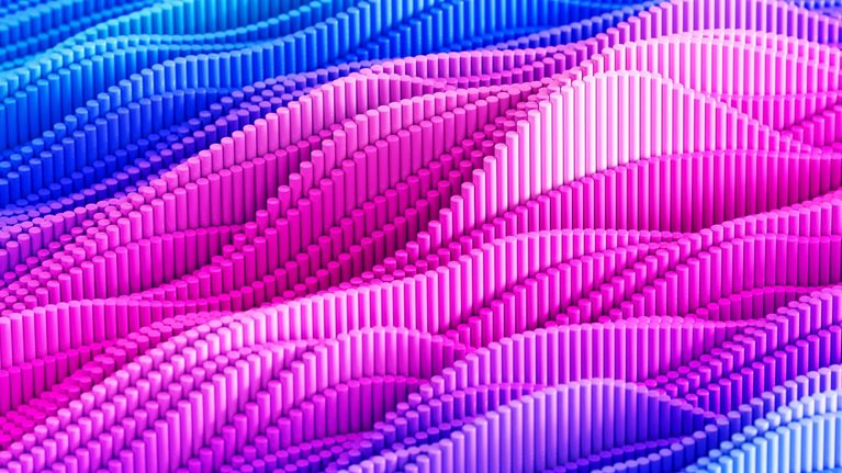 A vibrant field of small cylindrical pillars forms undulating, graph-like patterns across the surface. The colors transition smoothly from blue to pink, creating a dynamic and abstract visual effect.
