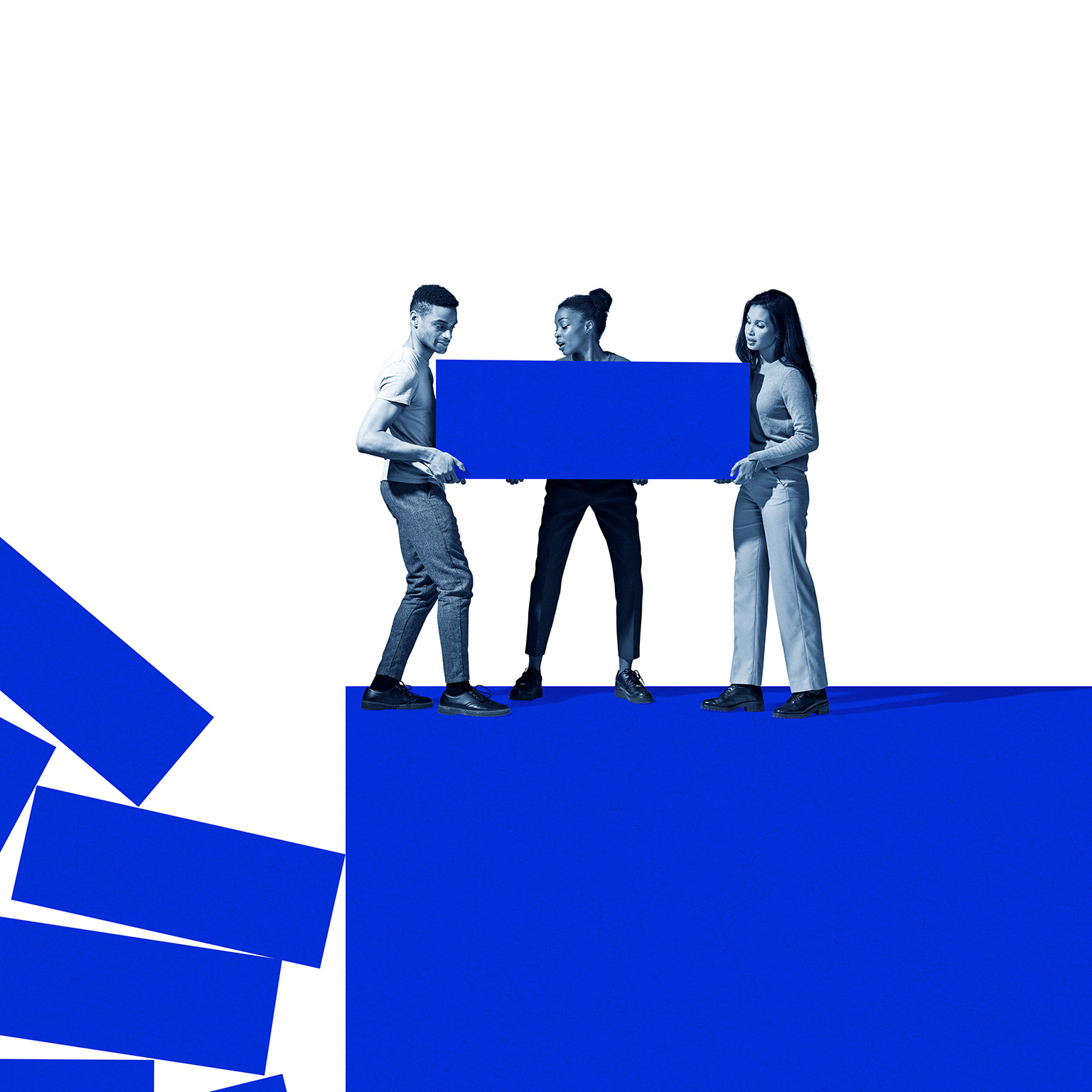 Image of a side view of a woman carrying large electric blue block.