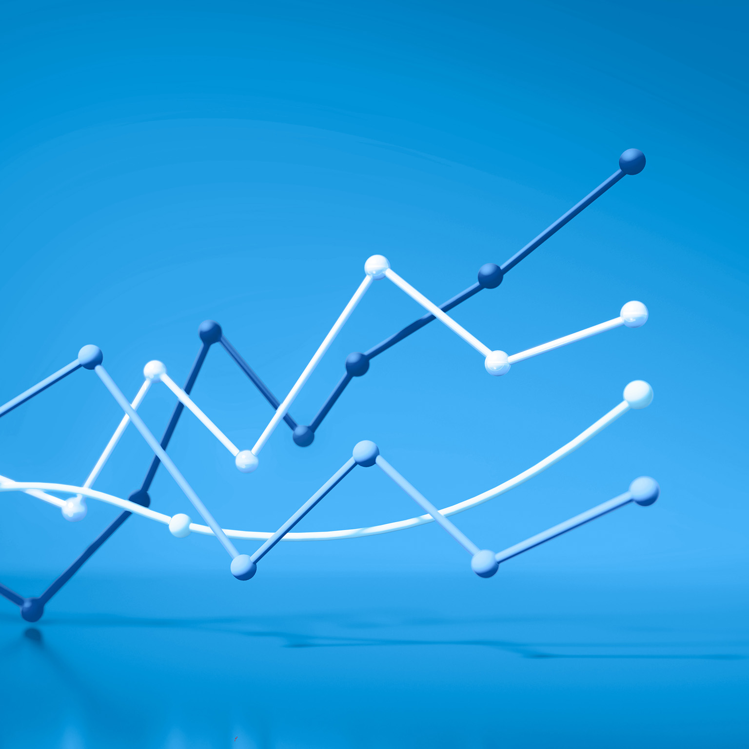 3D illustration of various line graphs moving up and down but ending on an upward trajectory