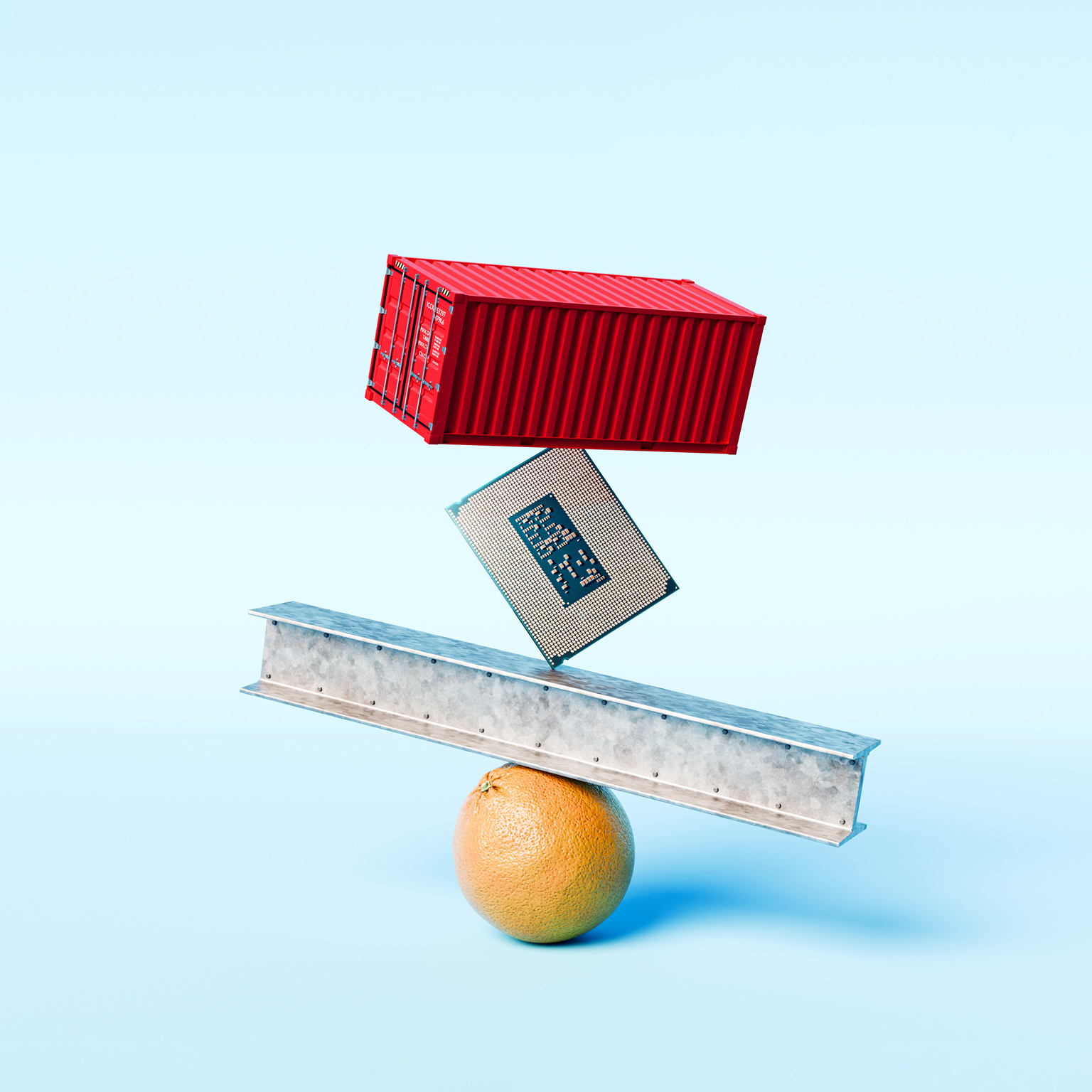 Conceptual 3D rendered image of a shipping container, oversized semiconductor chip, and heavy steel beam precariously balanced on a bright orange fruit