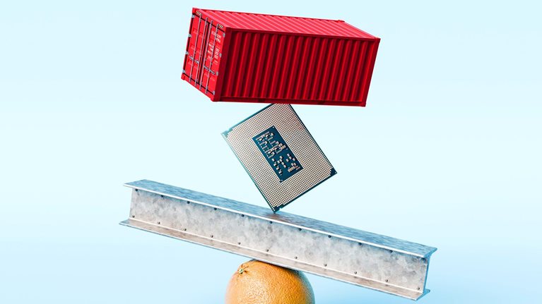 Conceptual 3D rendered image of a shipping container, oversized semiconductor chip, and heavy steel beam precariously balanced on a bright orange fruit