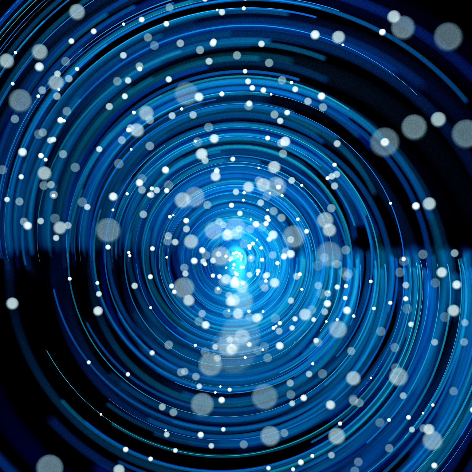 A dynamic, abstract pattern of glowing blue concentric rings spiraling toward a bright center. Small white dots are scattered throughout, resembling particles or stars moving through a vortex-like field.