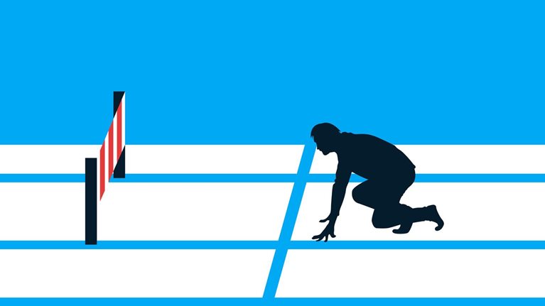 An isometric illustration of a runner in a starting position next to a series of hurdles.