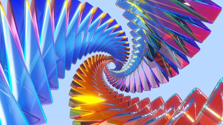 Three sets of iridescent, colorful, glasslike panels, arranged in a concentric spiral, swilling together to form a singular point.