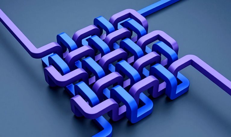 Abstract interwoven blue and purple links forming a connected pattern.