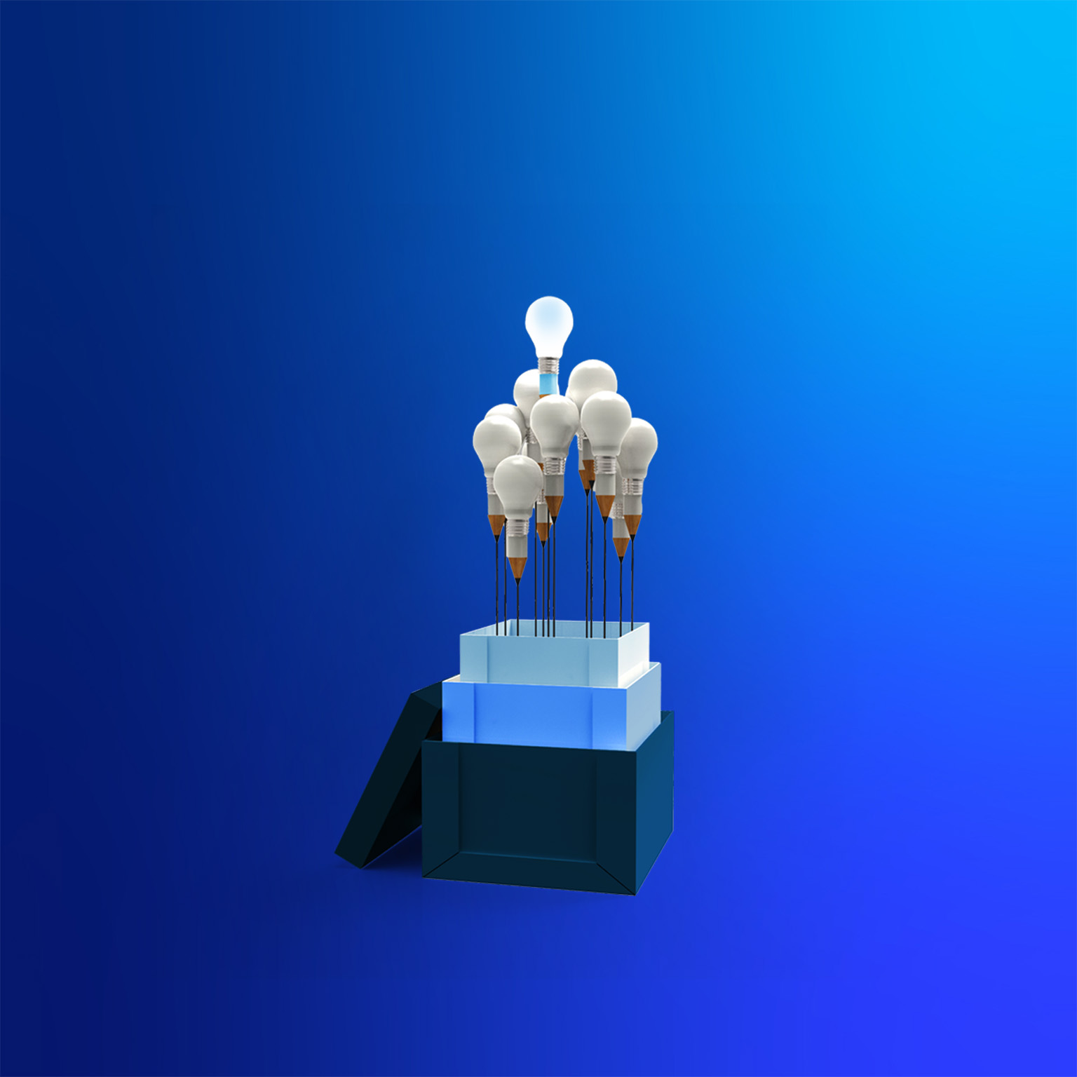 From the three stacked boxes protrudes a bouquet of about ten light bulbs, each with a base shaped like a pencil, leaving a distinct black line that resembles a flower stem. One bulb sits higher than the others, radiating a bright, glowing light.