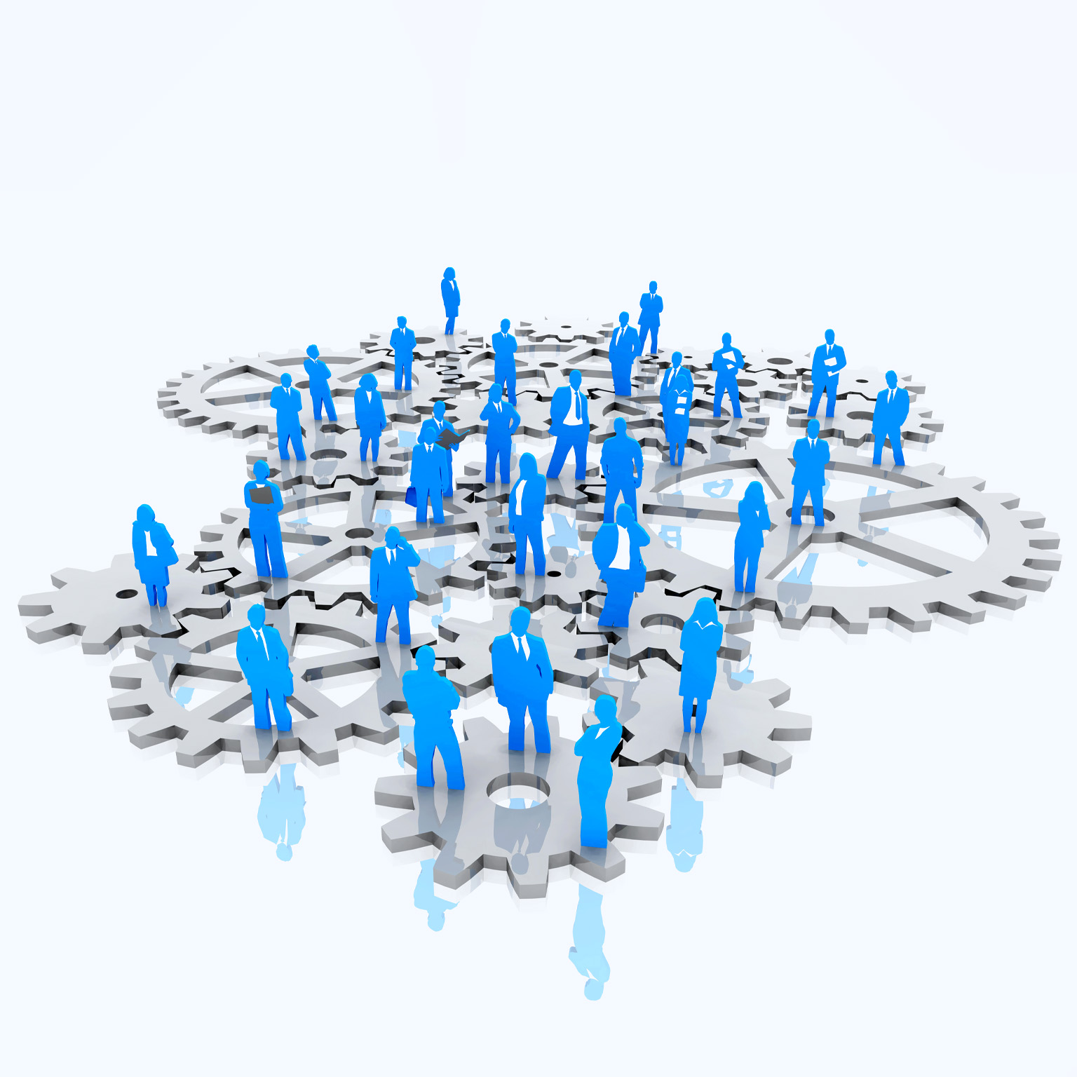 An isometric illustration features a group of individuals dressed in business attire standing on interlocking gears. The people are depicted in blue, while the gears are silver.