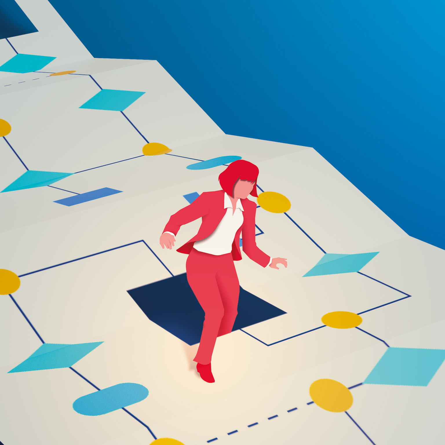 A female CEO is climbing out of a cut-out hole in a paper flowchart.