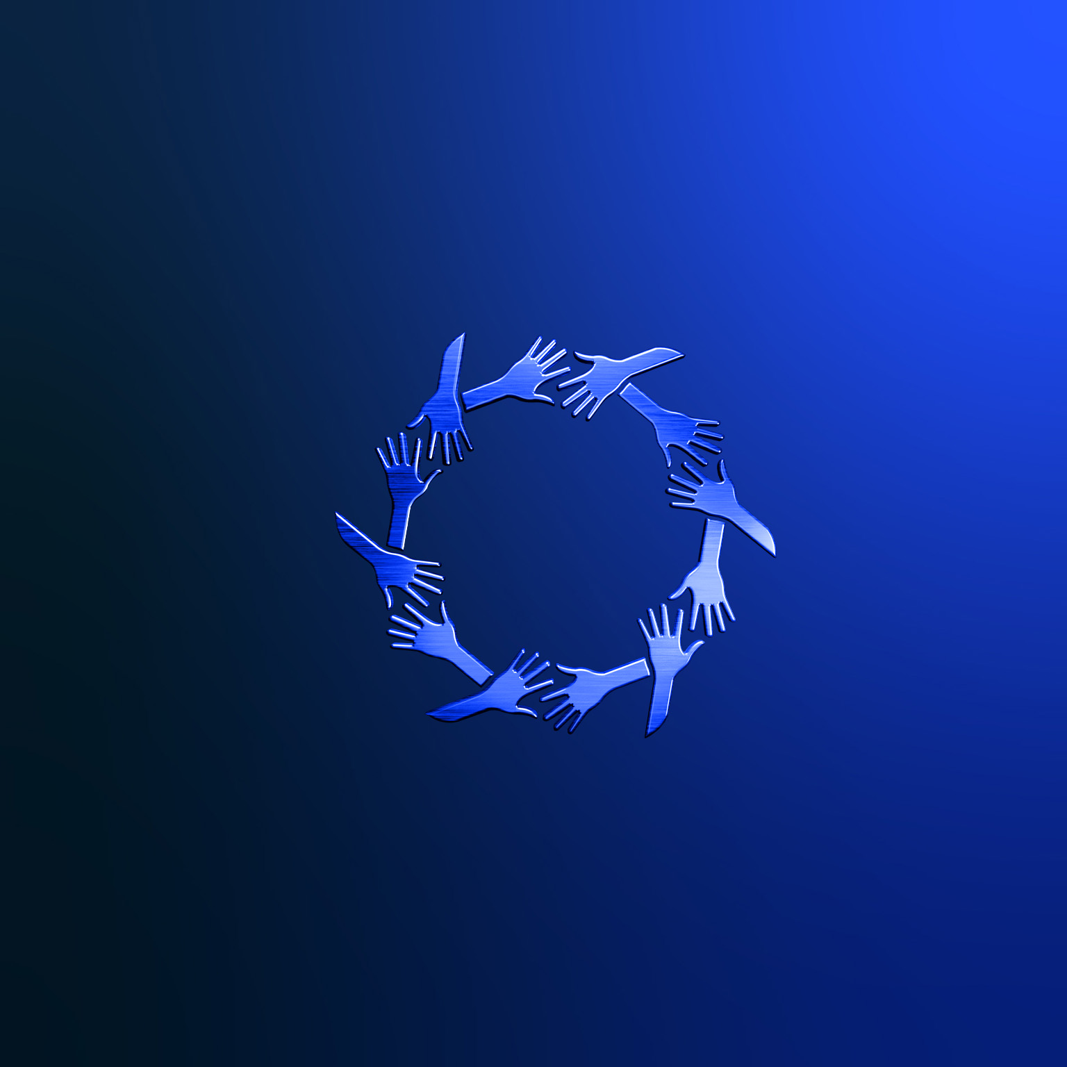 A ring made out of metallic blue hands. The hands are organized in pairs that are reaching towards one another reminiscent of a handshake gesture. 