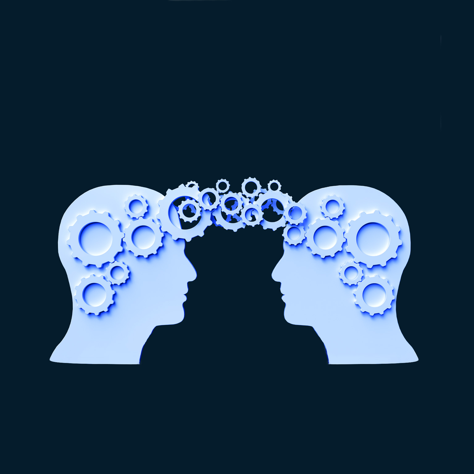  Two silhouettes of human heads face each other against a dark background. Gears of various sizes connect between the two heads, symbolizing the exchange of ideas and collaboration.
