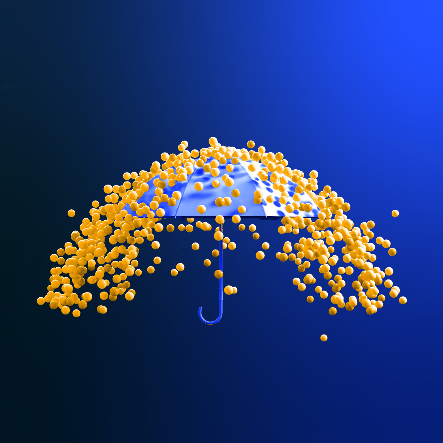A dark blue background serves as the backdrop for a blue umbrella, while a plethora of small yellow spheres tumble down onto and around it.