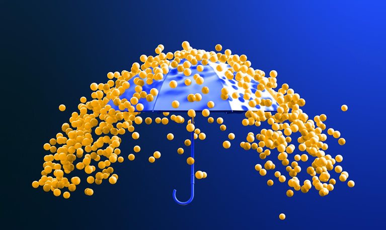 A dark blue background serves as the backdrop for a blue umbrella, while a plethora of small yellow spheres tumble down onto and around it.
