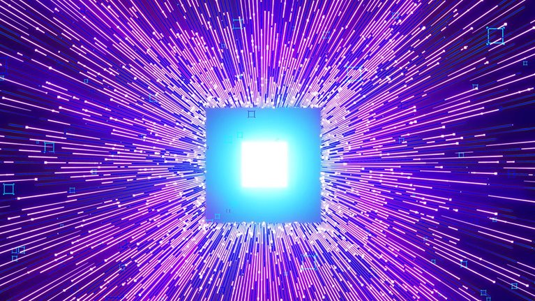 The image shows a glowing square in the center, surrounded by a burst of purple and blue lines radiating outward like an explosion. Small blue squares are scattered throughout the image.