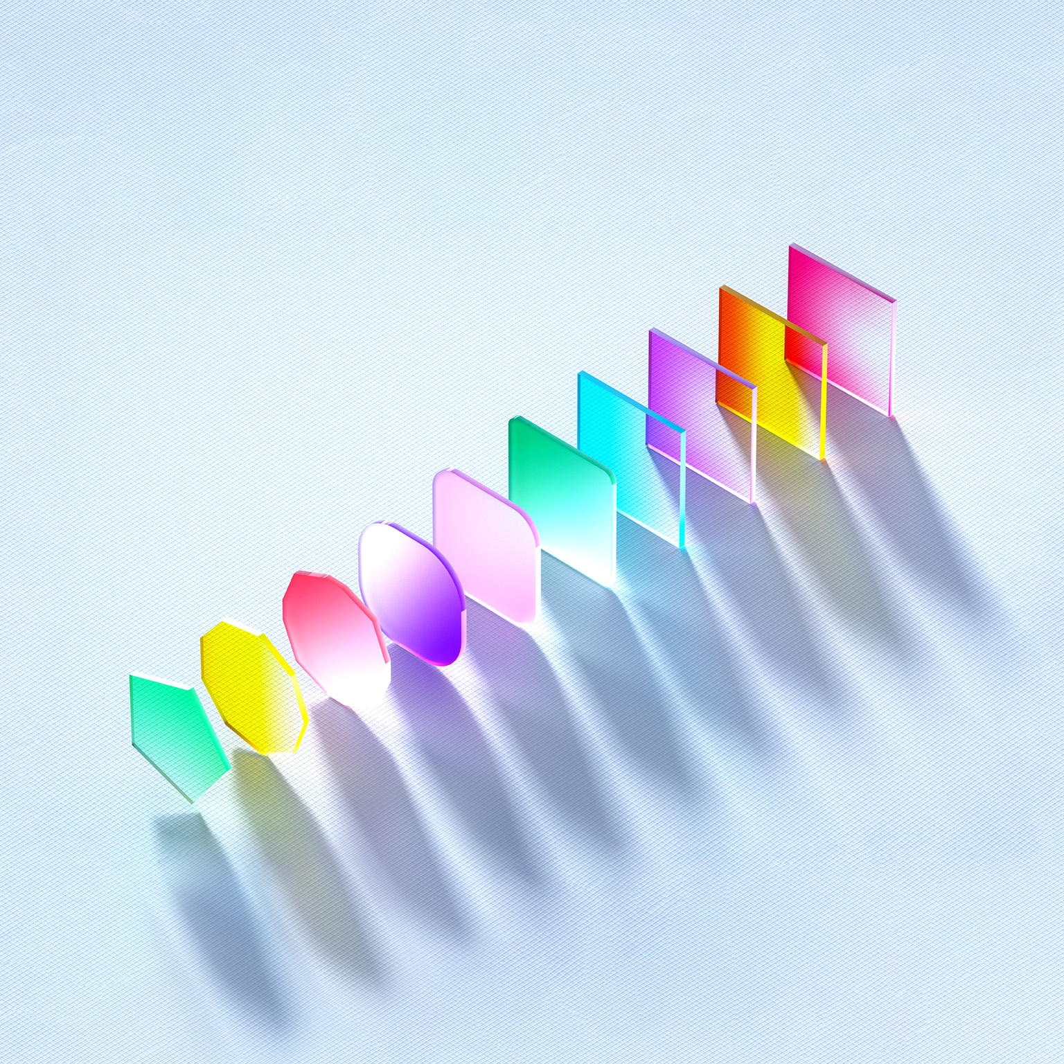 An abstract image of differently shaped and colored glass panes lined up diagonally with light being cast across them.