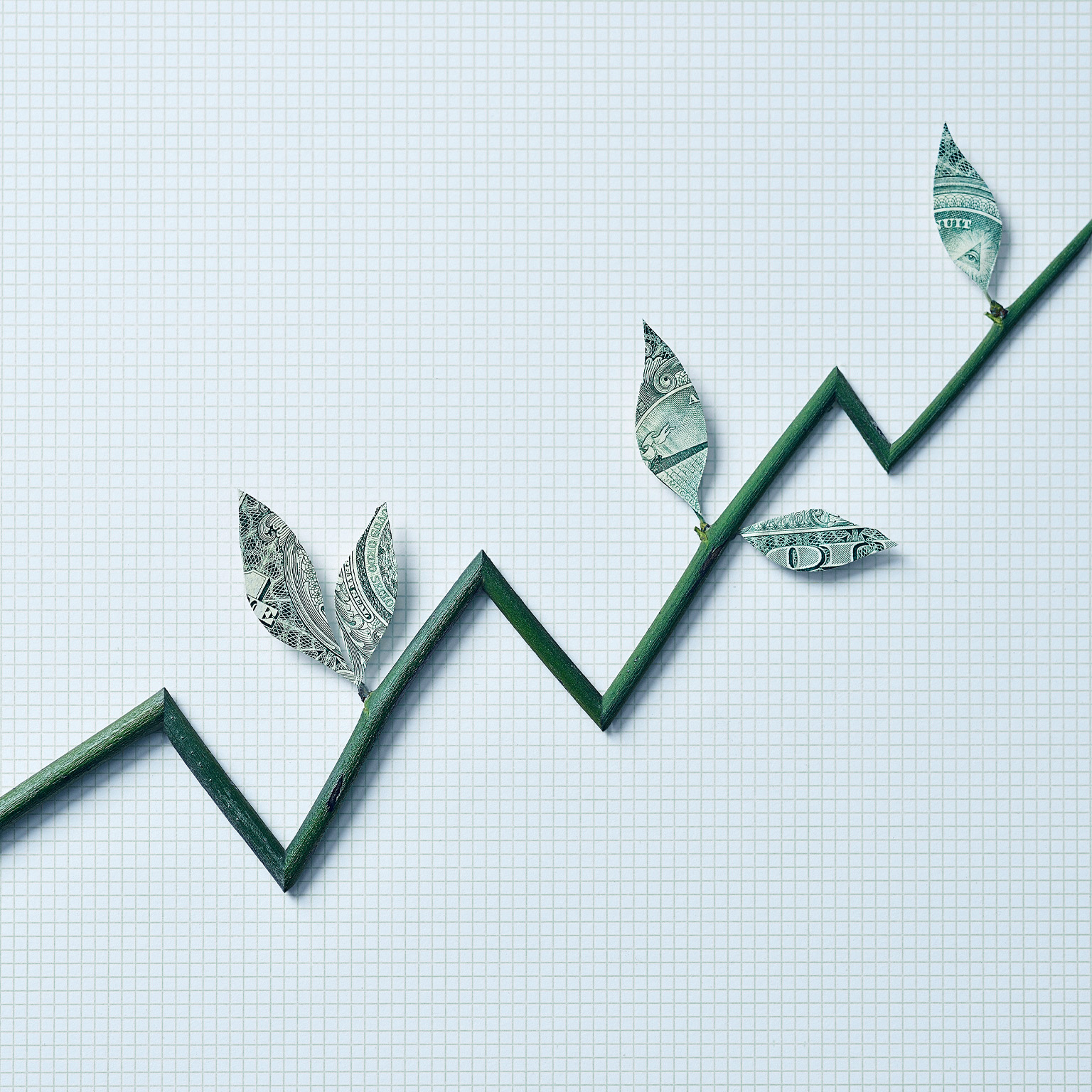 Leaves growing from a staggering graph going upward