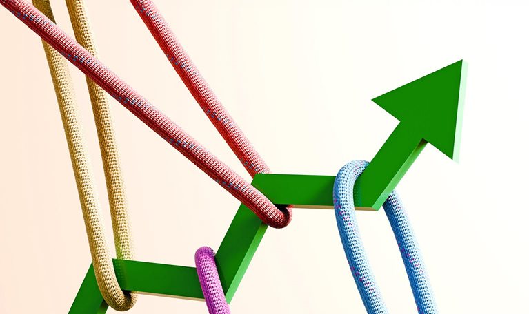 Dynamic conceptual image of a green arrow zig-zagging upwards, tugged in various directions by colorful ropes.