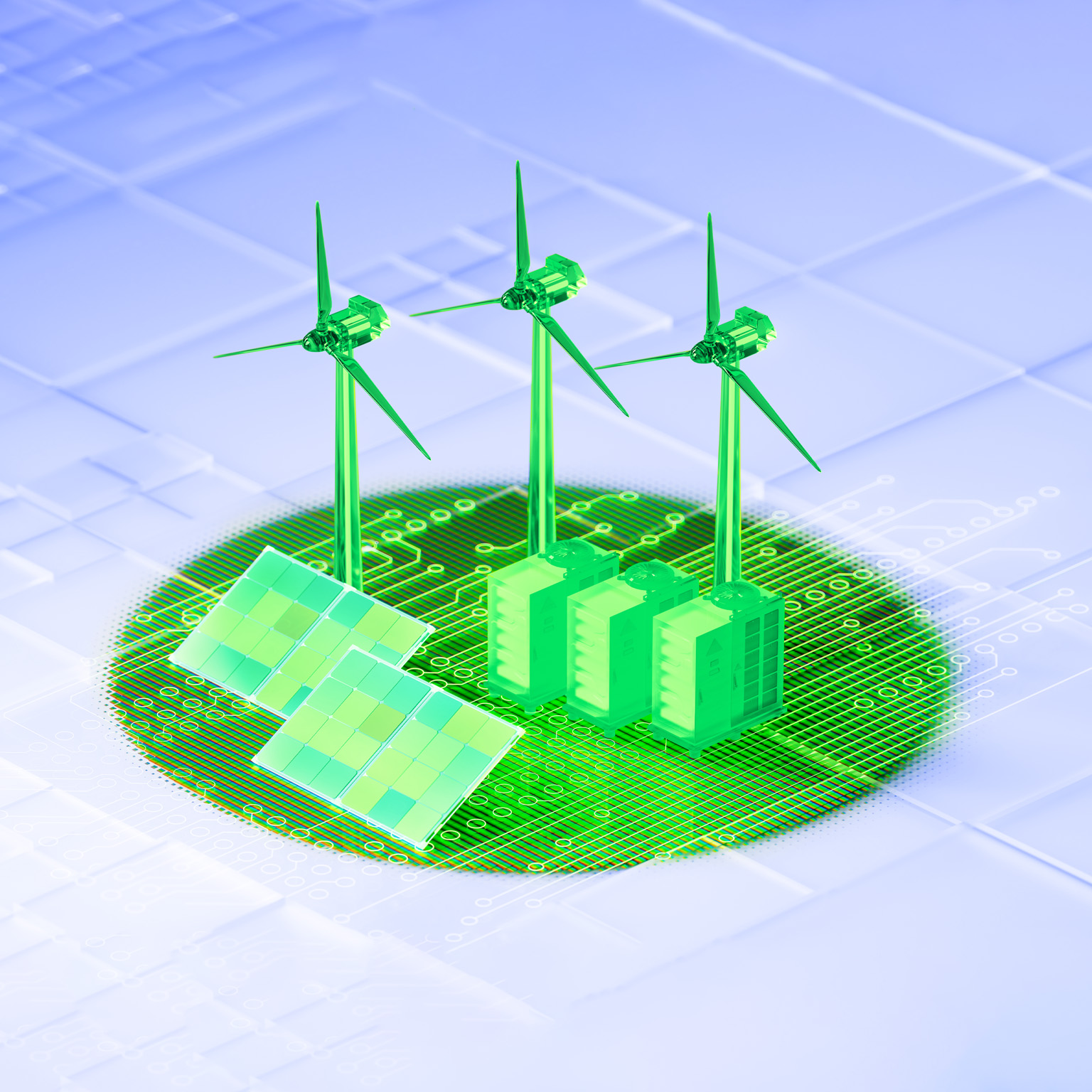 A computer network is topped with a 3D rendering of solar panels and wind turbines, along with energy storage.
