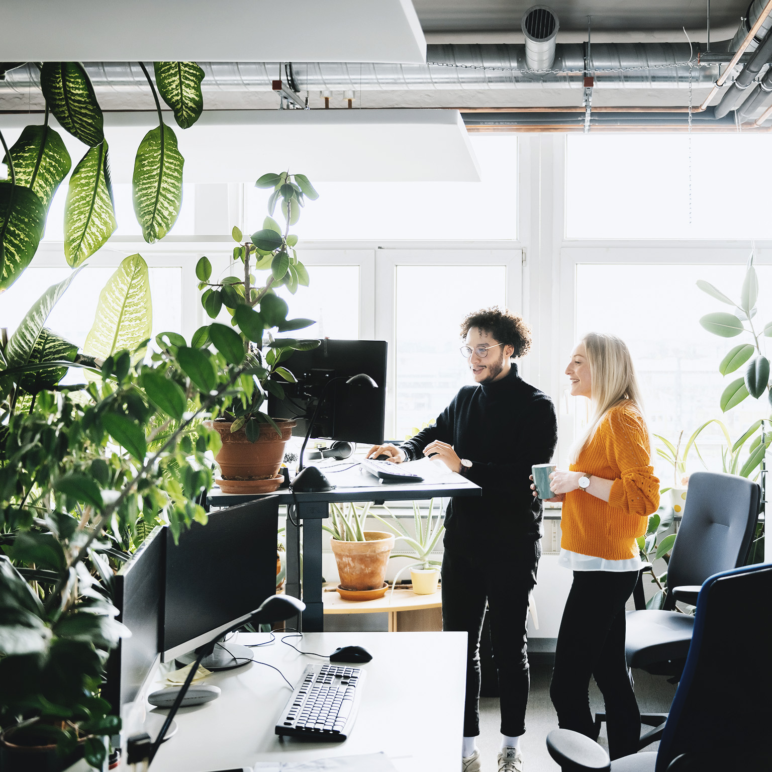 Office workers surrounded by plants