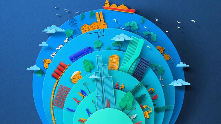 Six circles of increasing sizes layered over one another in a paper cut out style. Each circle has a mix of carbon removal solutions represented on it including direct air capture fans, biomass carbon remediation trucks and factory storage, biochar tractor, mangroves, kelp buoys, and forest restoration. Business people walk around buildings are also interspersed though the scenes and friendly clouds float by.