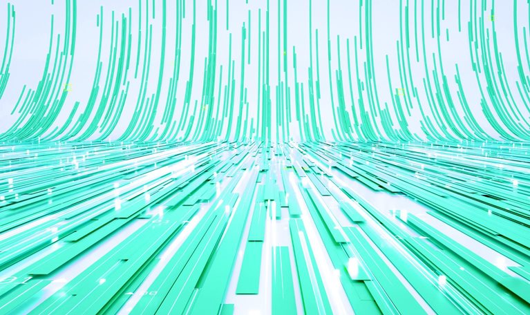 Abstract aqua green lines and rectangular shapes flow across a surface and curve upward into the distance.