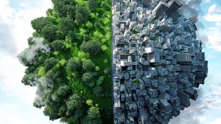 A digitally generated image showcases a planet with two semi-spheres connected, where the left side is adorned with lush trees while the right side is a bustling urban landscape dominated by towering buildings.