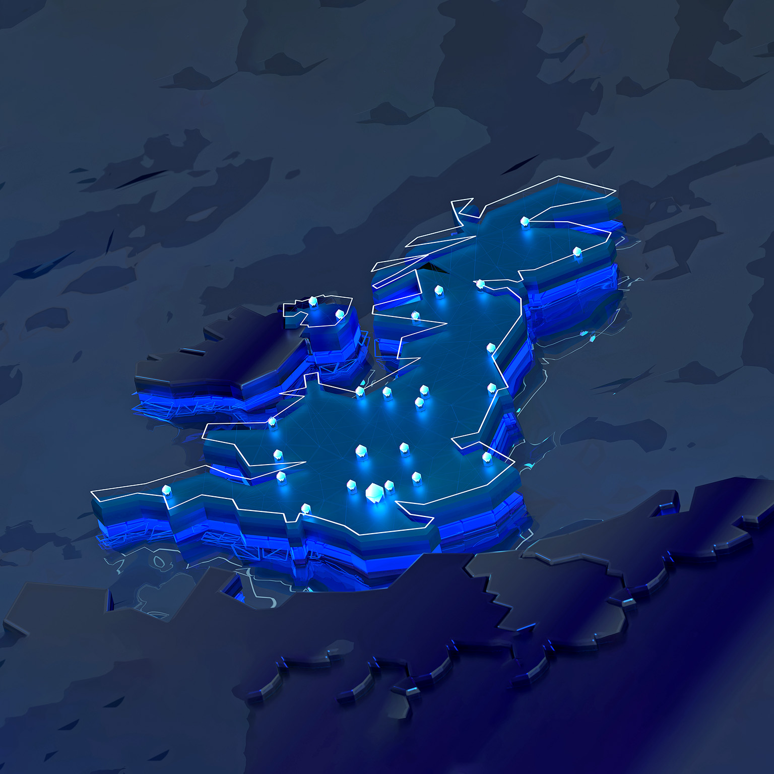 3d image of a stylized UK map with a glowing blue outline.