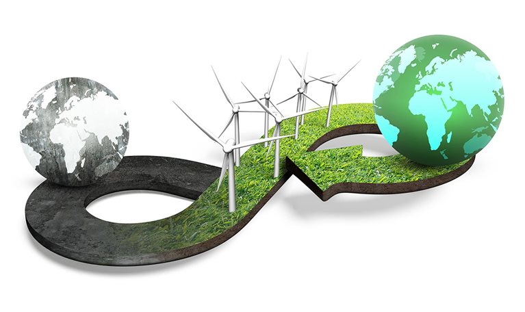 Green circular economy concept. Figure eight, leading from black and white globe on dark ground to wind turbines to full color globe on grass.