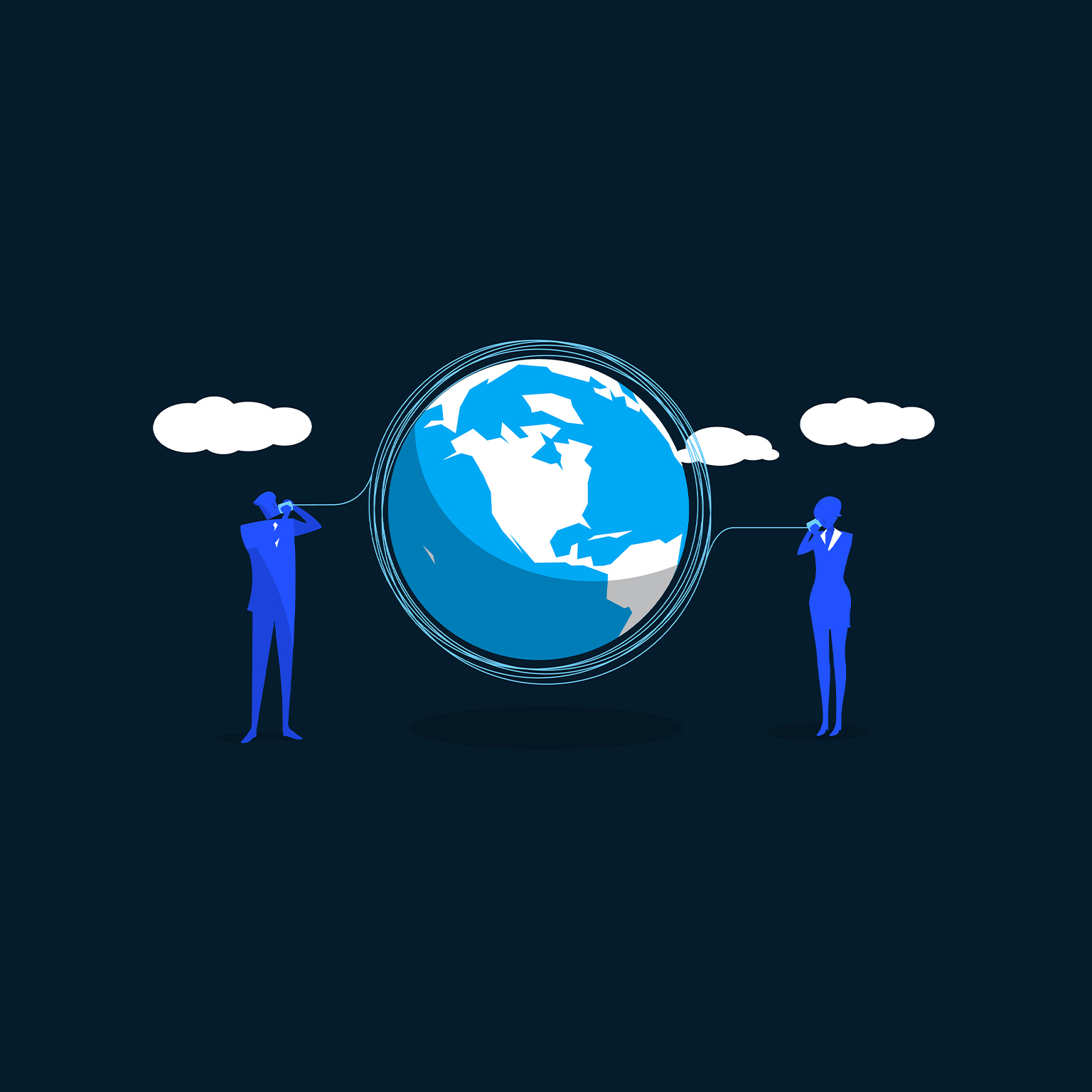 A flat-style digital illustration shows two blue human figures standing on either side of a large globe, each holding a tin-can phone to their ear, connected by a string that wraps several times around the globe.
