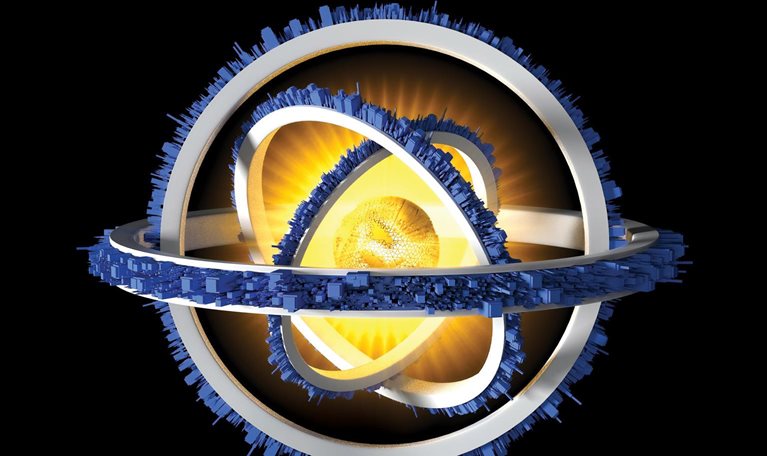 A glowing golden sphere sits at the center of a complex structure of interlocking rings and orbit-like forms. The surrounding elements create a dynamic, futuristic composition against a dark background, suggesting energy, motion, and advanced technology.