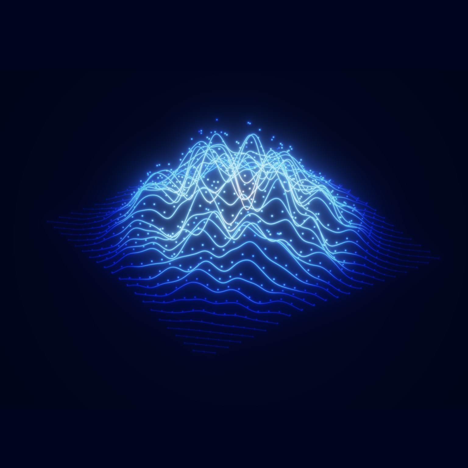 This image is a digital rendering of a futuristic wireframe landscape often used to visualize big data or sound waves. It features glowing blue lines forming hilly terrain, resembling mountains or wave patterns on a dark background. Small, scattered dots are embedded along the light trails to represent data points or particles.
