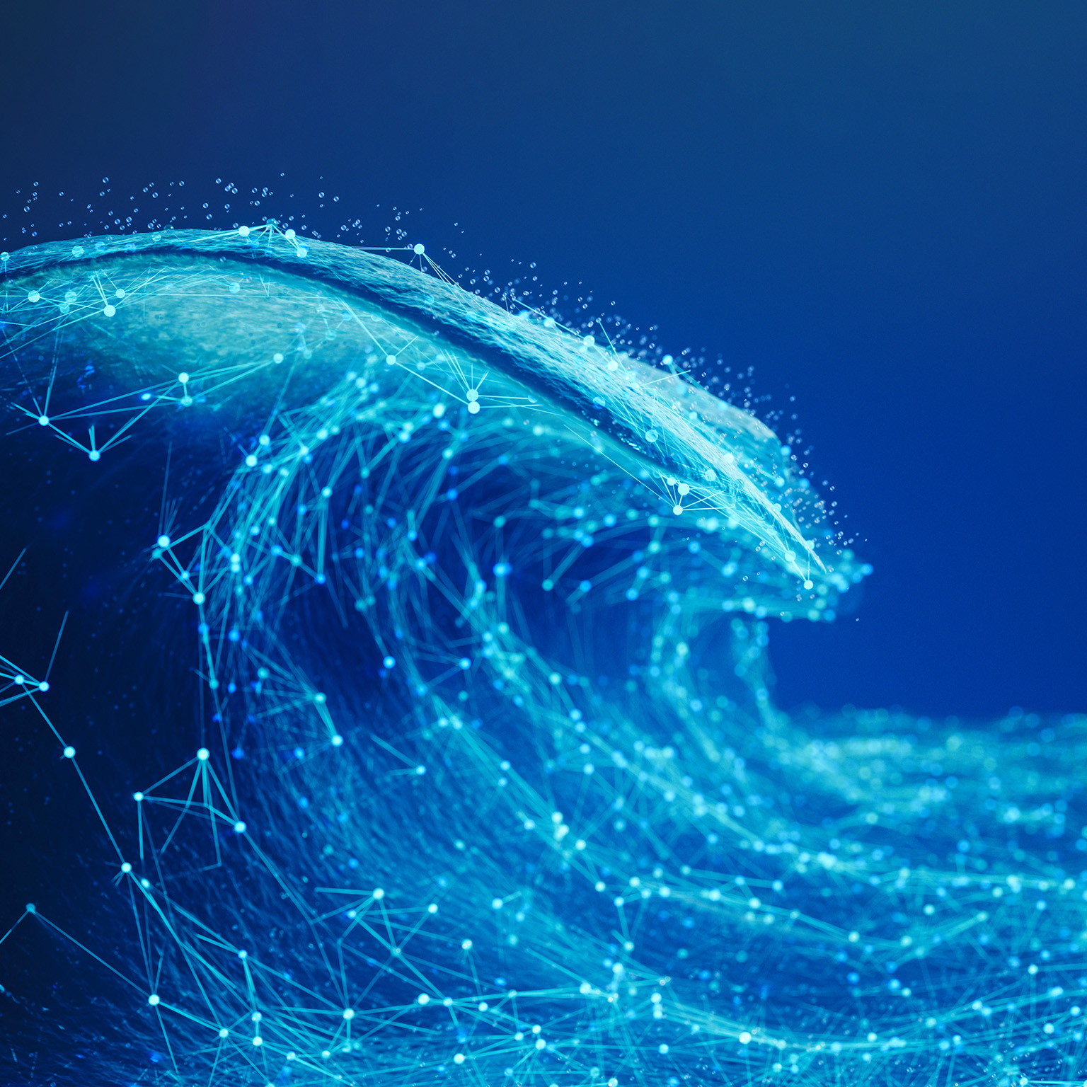 Visualization of an ocean wave created with glowing network nodes and lines on a deep blue background.