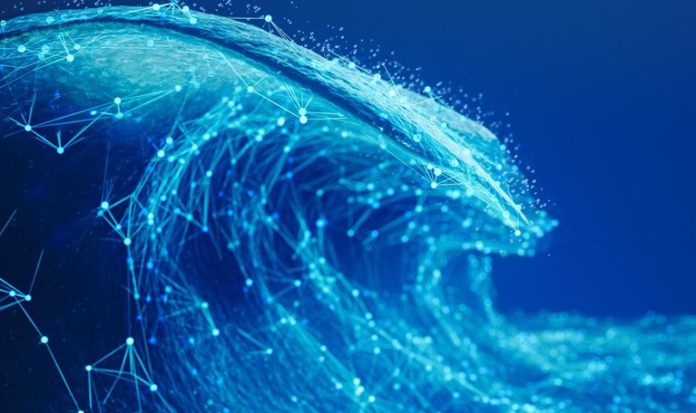 Visualization of an ocean wave created with glowing network nodes and lines on a deep blue background.