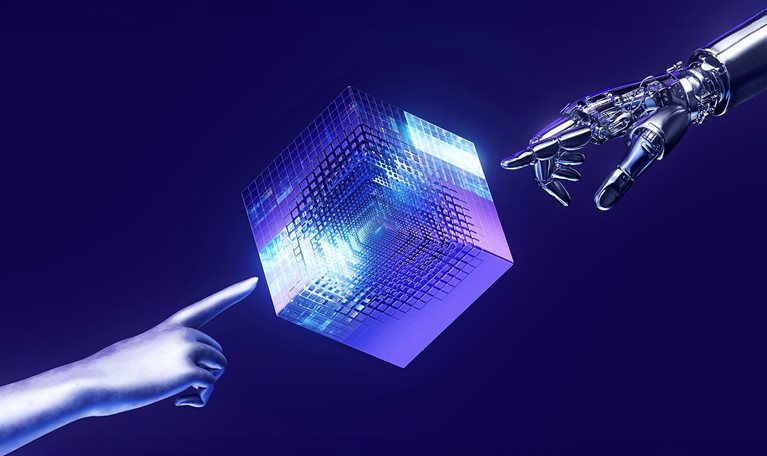 A 3D image of a digital cube with a robot hand pointing at it from one direction and a human hand from the other.