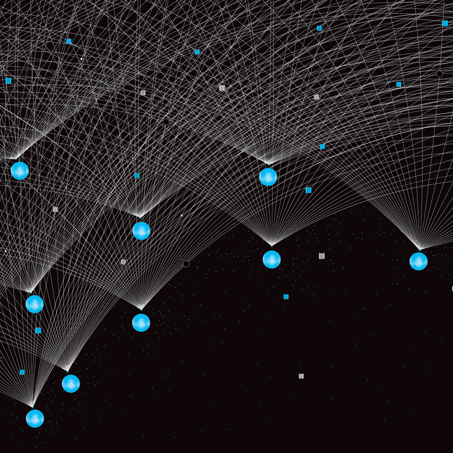 A complex network of fine white lines creating intricate, web-like patterns against a black, star-like background. Bright blue textured spheres are positioned as nodes within this digital structure, with the lines radiating from them.