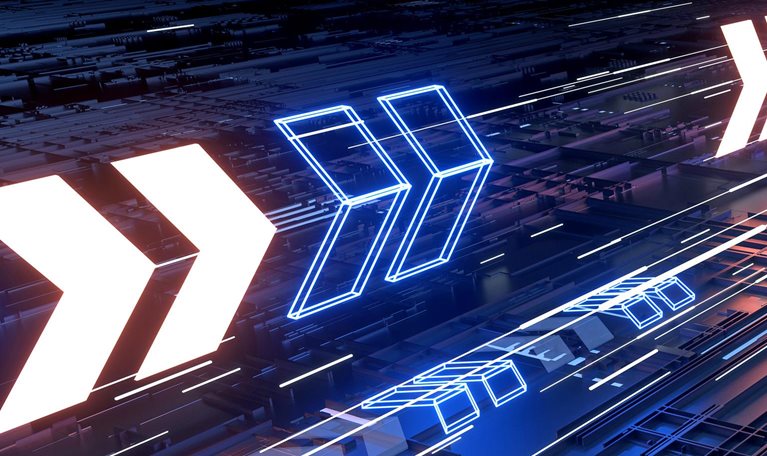 Image of neon 3D arrows streaking up and across a dark, geometric landscape.