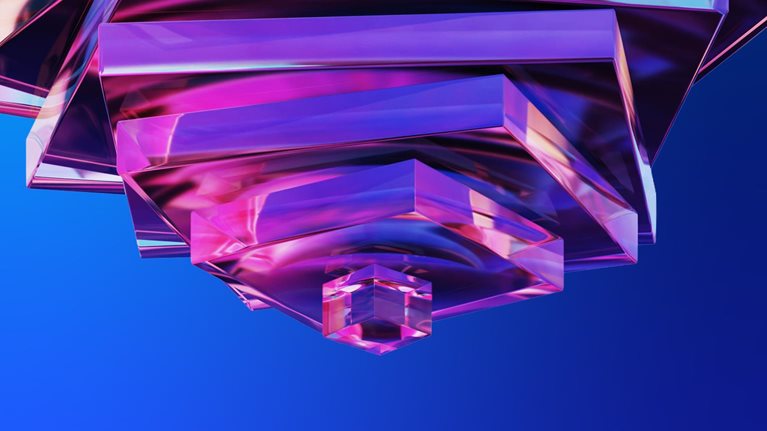 Abstract iridescent glass forms emerge from the bottom, gradually increasing in scale and spiraling upward, creating a sense of growth, fluidity, and momentum.