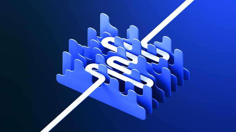 A white path winding its way though a series of dense abstract obstacles. The path continues straight after it exits.