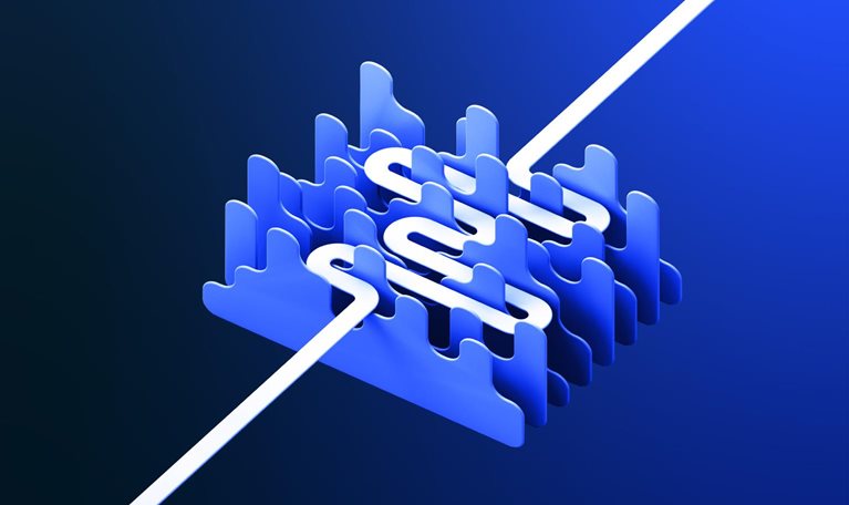 A white path winding its way though a series of dense abstract obstacles. The path continues straight after it exits.