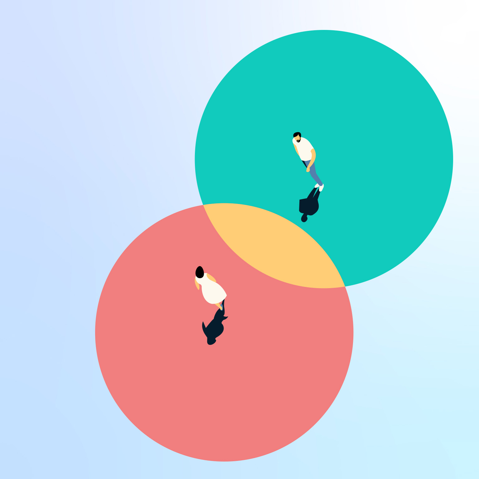 A vector illustration of two people walking around each other in different circles which overlap, creating a shared space.