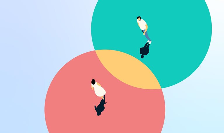 A vector illustration of two people walking around each other in different circles which overlap, creating a shared space.