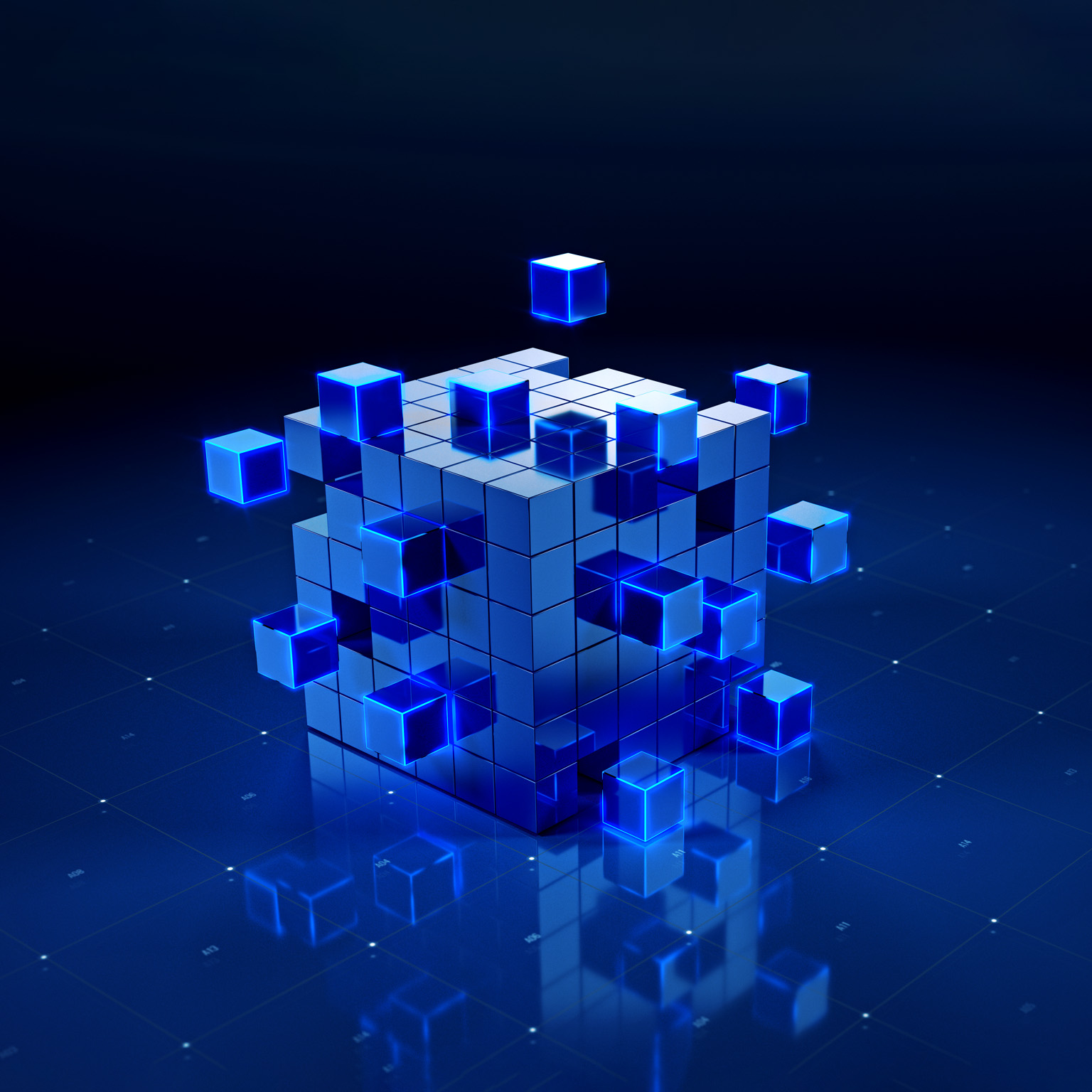 Abstract 3D image of a large cube assembled from smaller blue cubes, with several glowing cubes floating around it above a dark blue grid surface.