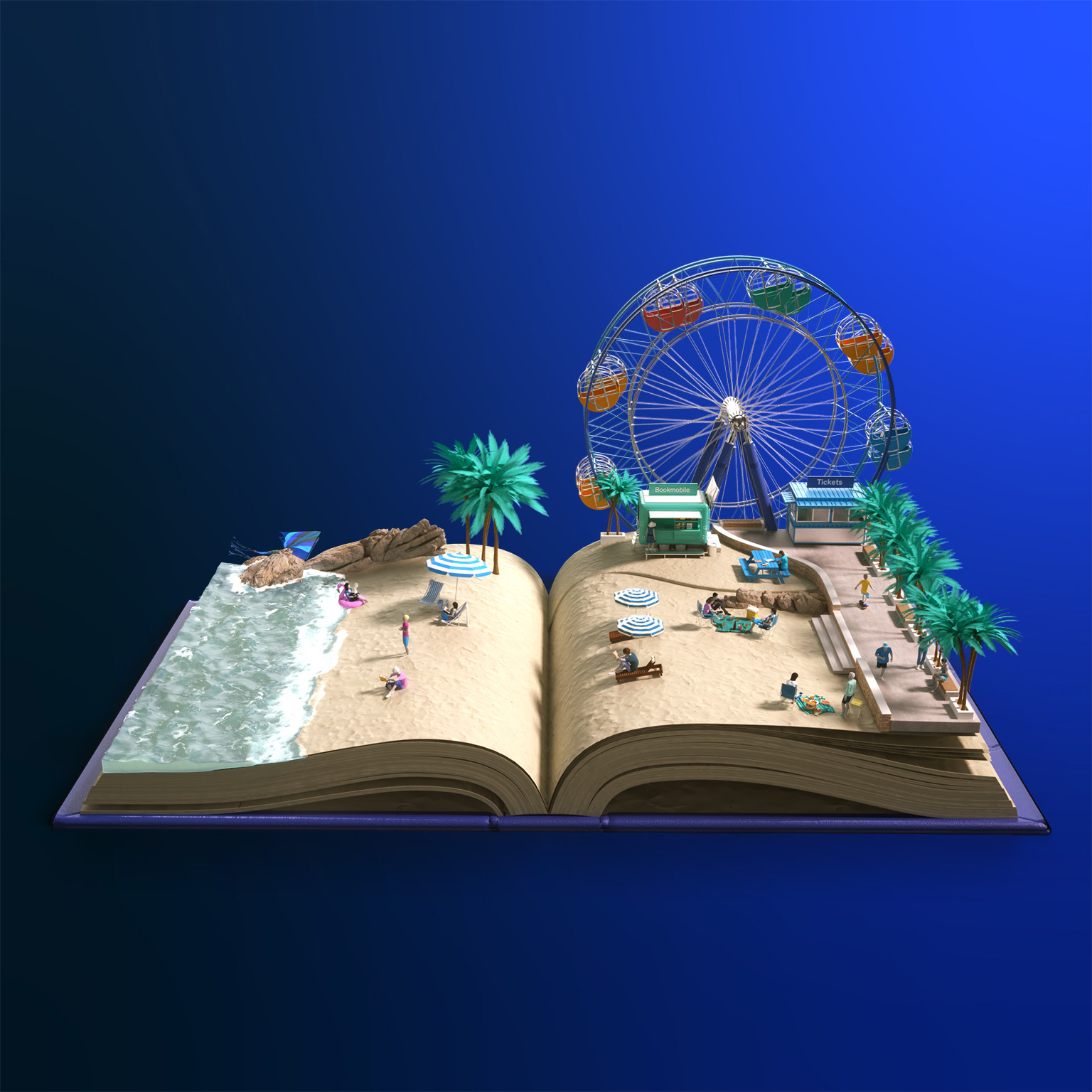 Open book with 3D pop-out animation of a beach, boardwalk, and Ferris wheel