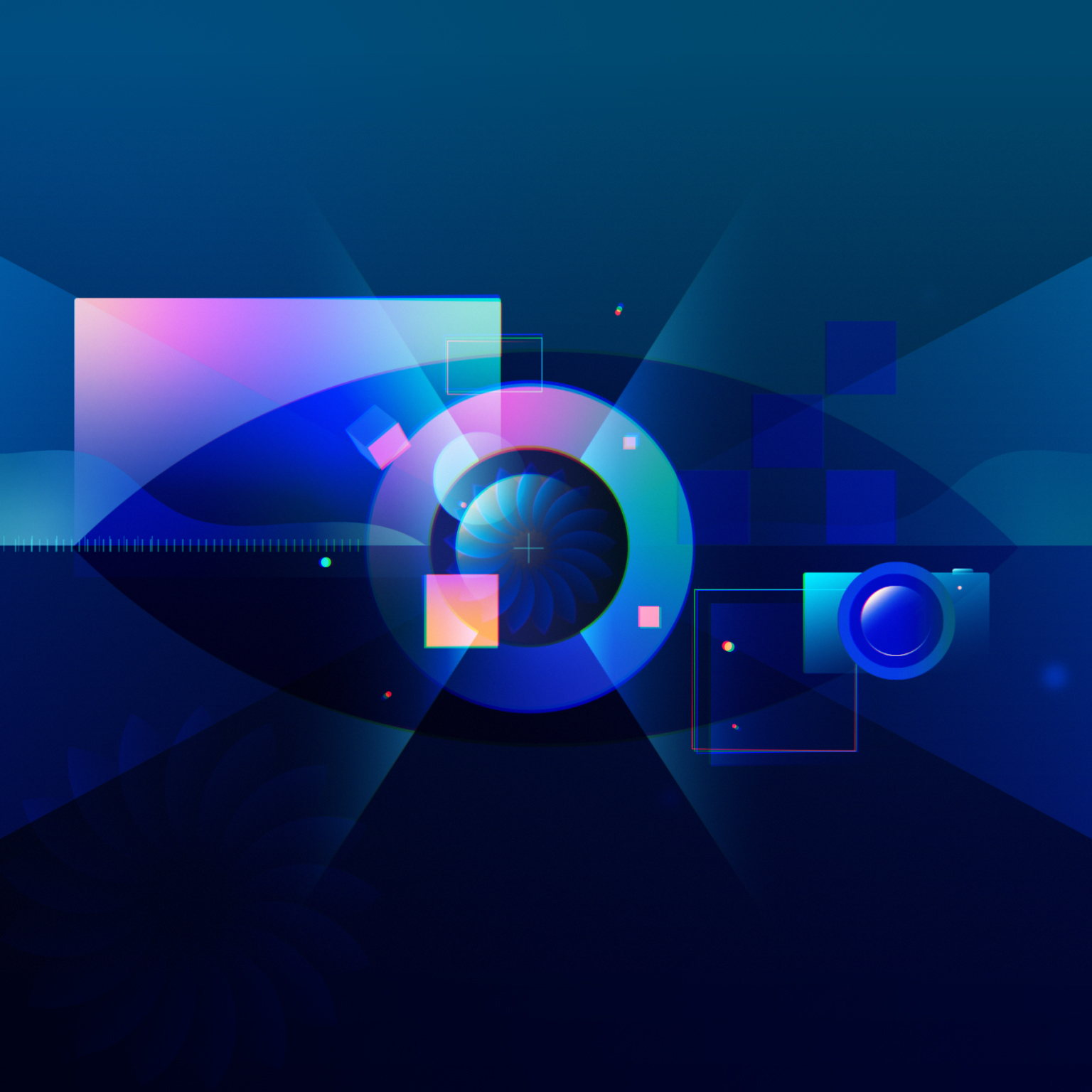 A stylized eye, resembling a camera lens, against a dark blue backdrop, surrounded by geometric shapes and hints of light, embodying the concept of imagery.