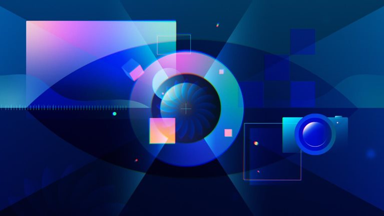 A stylized eye, resembling a camera lens, against a dark blue backdrop, surrounded by geometric shapes and hints of light, embodying the concept of imagery.