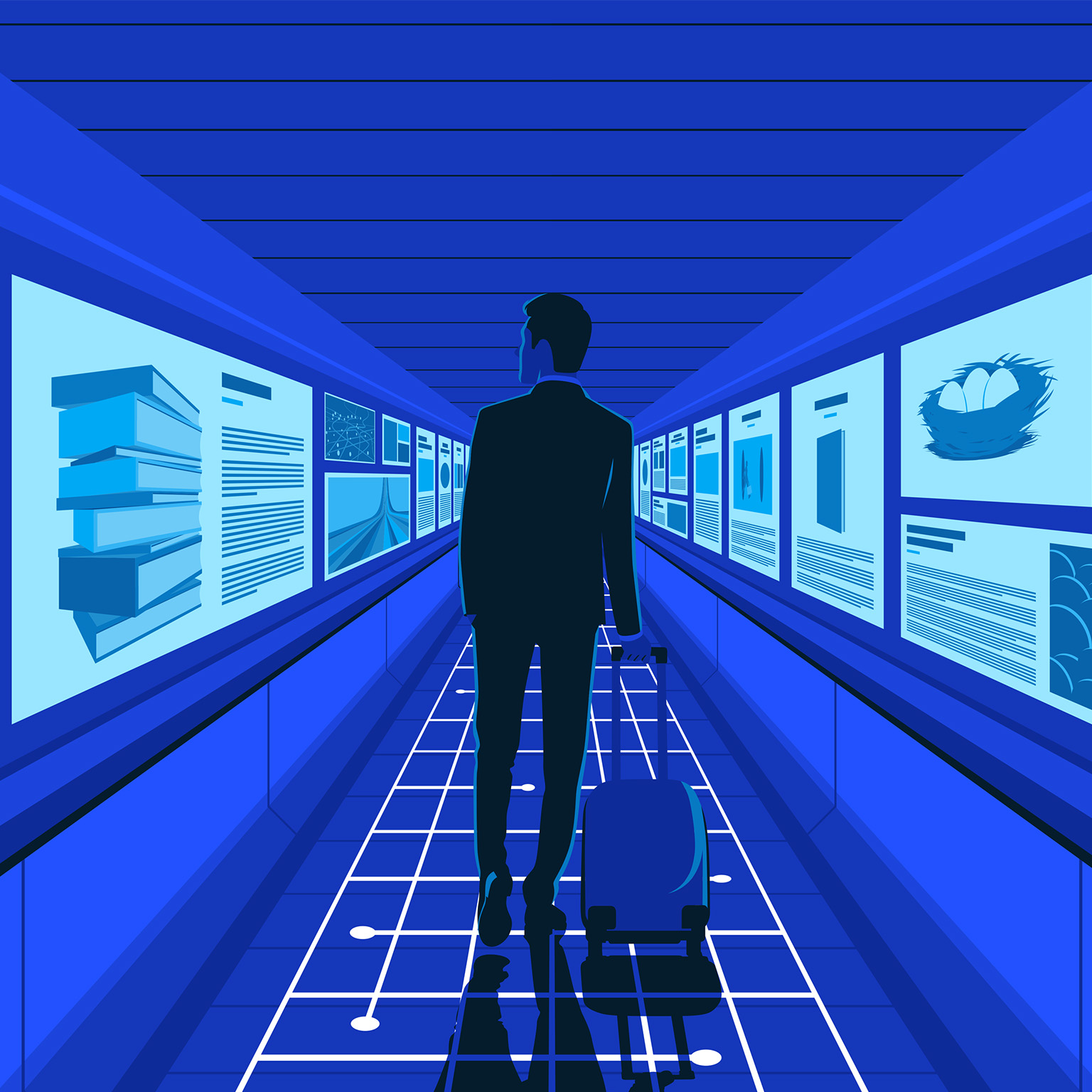 A minimalist illustration of a person with a suitcase on a moving airport walkway lined with glowing digital screens.