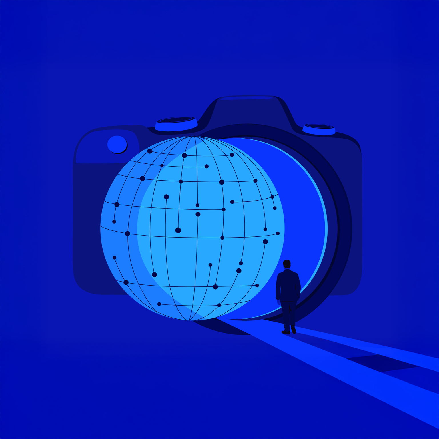 A graphic illustration in a vector style shows a massive camera with a rotating blue spherical grid projecting from its lens. In front of the sphere, a small silhouetted figure studies the sphere.